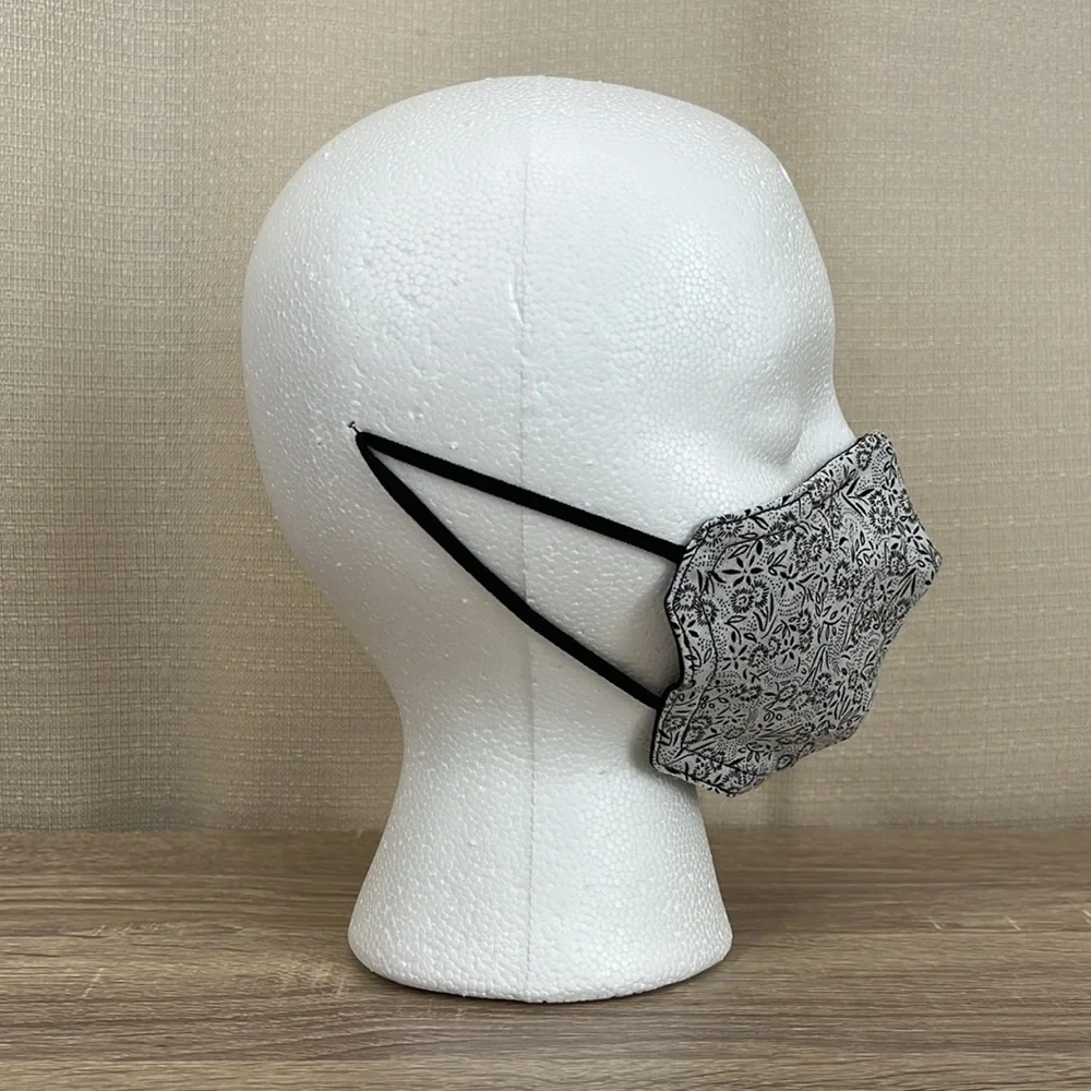 Reversible Face Mask black and white floral print 3 layer cotton fabric